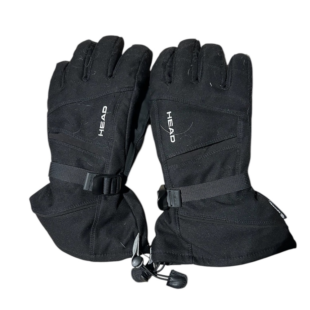 Head sensatec men’s black winter gloves. Drawstring to tighten around wrist.